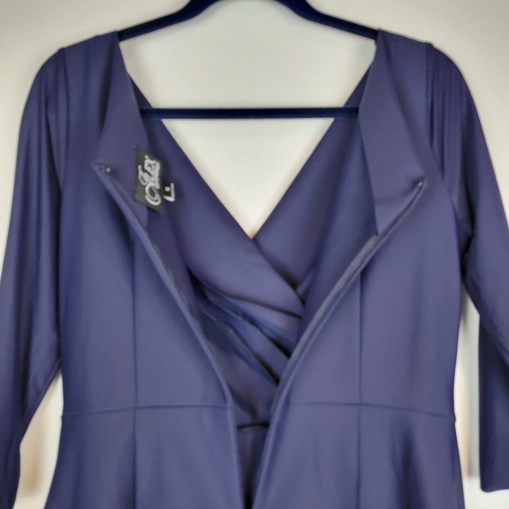 NWT Alex Evenings Surplice Sheath Dress Beaded Hip & Cascade Ruffle Dress Navy - Picture 8 of 14